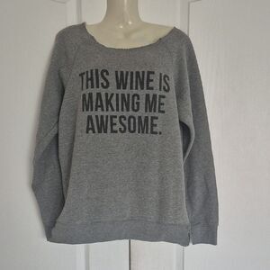 Brunette The Label Distressed Long Sleeves Gray Wine Quote Sweater